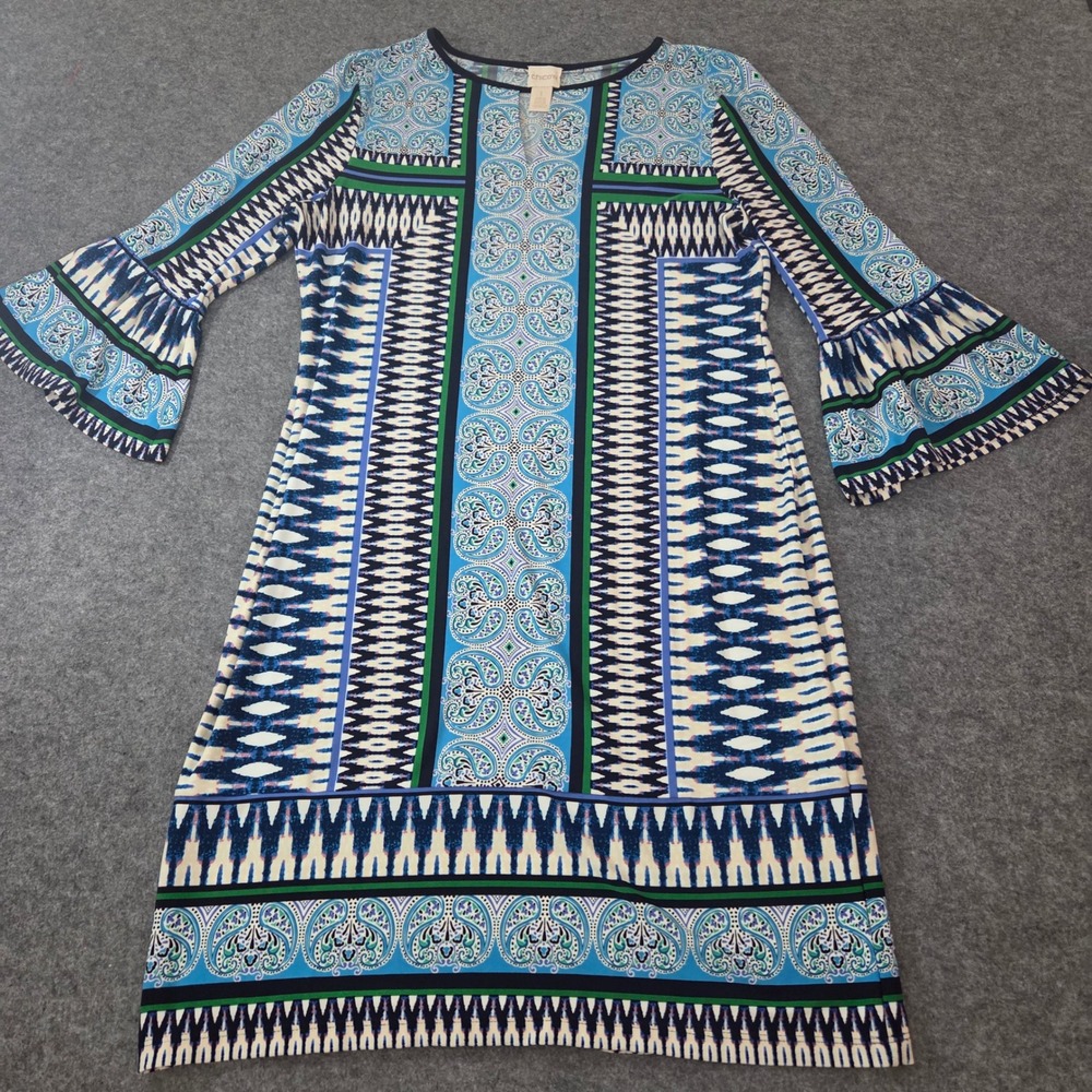 Chico's Blue Green Paisley Geometric Bell Sleeve Shift Dress Size 1 Medium 8 10